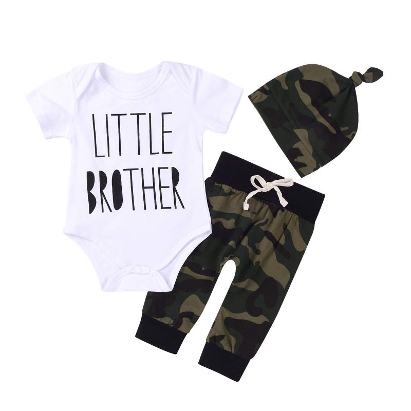 MEKILYN 3Pcs Baby Boys Little Brother Camouflage Romper Tops+Pants Leggings+ Hat Outfits Set (White&camouflage, 0-6m(Tag70)) - Image 1